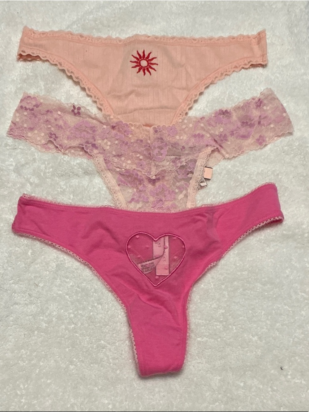 Victoria's Secret Pink and Peach Lace & Cotton Thong Trio